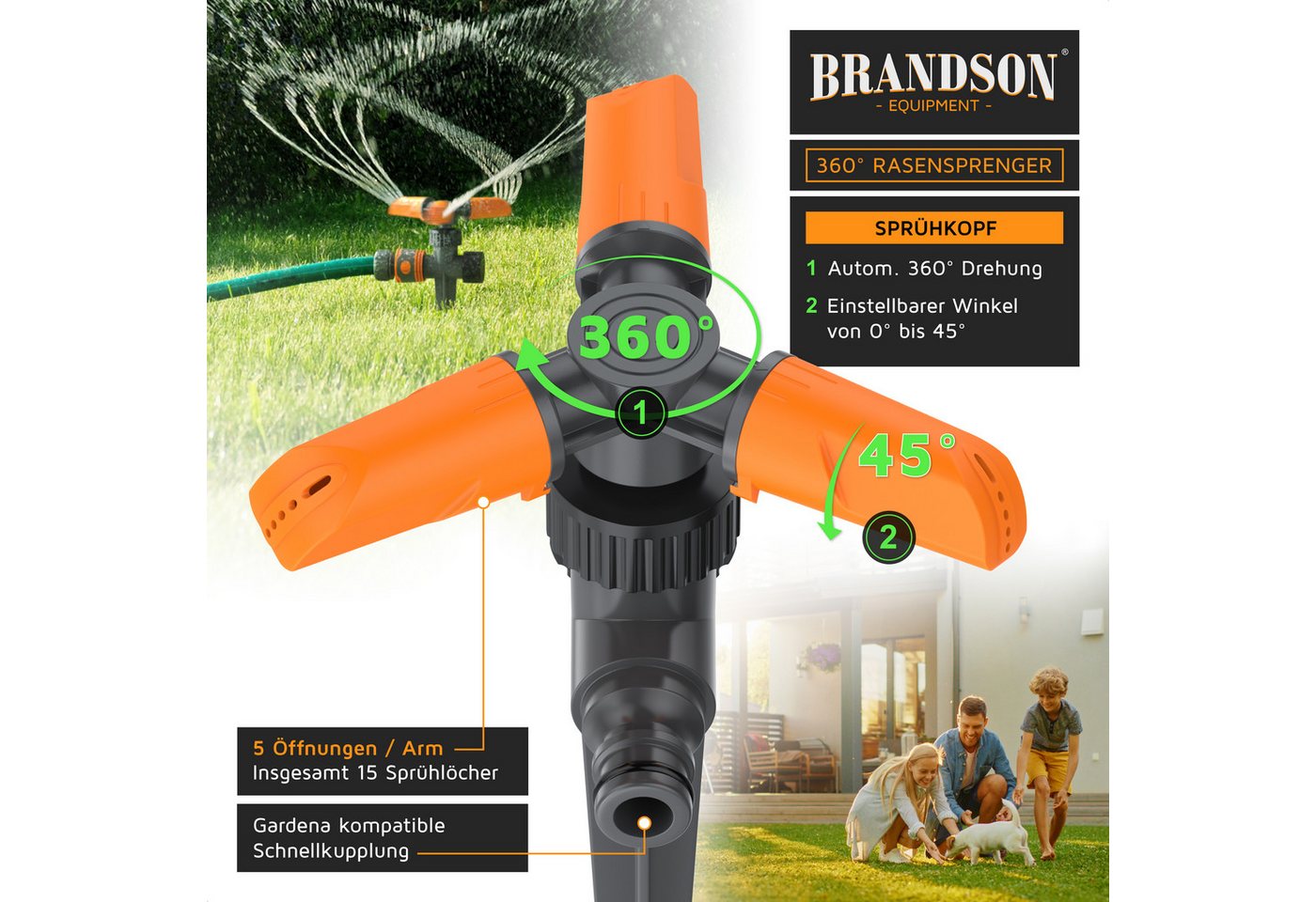 Brandson Kreisregner im 2er-Set, 3-Arm-Rasensprenger mit 360°-Rotation, je bis 80 m², 15 einstellbare Düsen, aus ABS-Kunststoff Bild 2