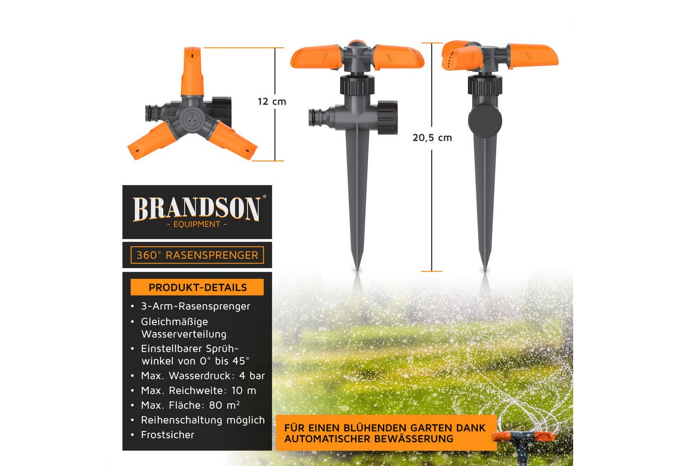 Brandson Kreisregner im 2er-Set, 3-Arm-Rasensprenger mit 360°-Rotation, je bis 80 m², 15 einstellbare Düsen, aus ABS-Kunststoff Bild 4