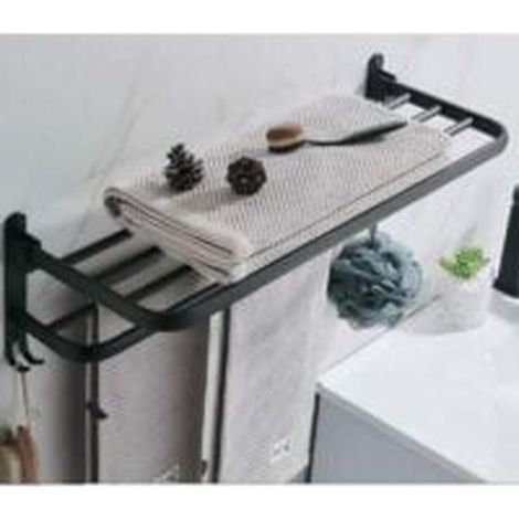 Black 60cm Folding Wall-mounted Aluminum Towel Rack With Storage Shelf For Bathroom