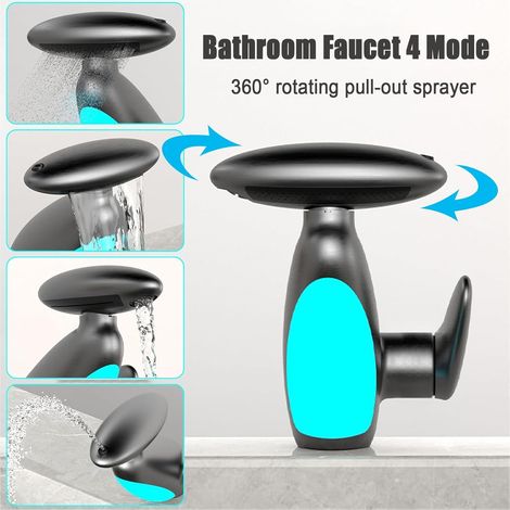 Black Led Bathroom Faucet, Single-hole Waterfall Mixer Tap With 360° Swivel Spout And 4-mode Hand Shower