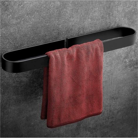 60cm Wall-mounted Towel Rail, Black Aluminum, Adhesive Without Drilling, Bathroom Accessories