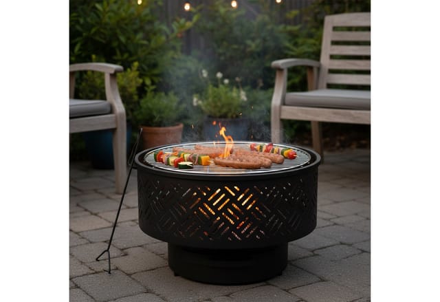 Relaxdays Feuerschale, Ø 66 Cm, Mit Grillrost, Deckel, Schürhaken & Wasserdichter Abdeckung, Feuerstelle, Schwarz/natur
