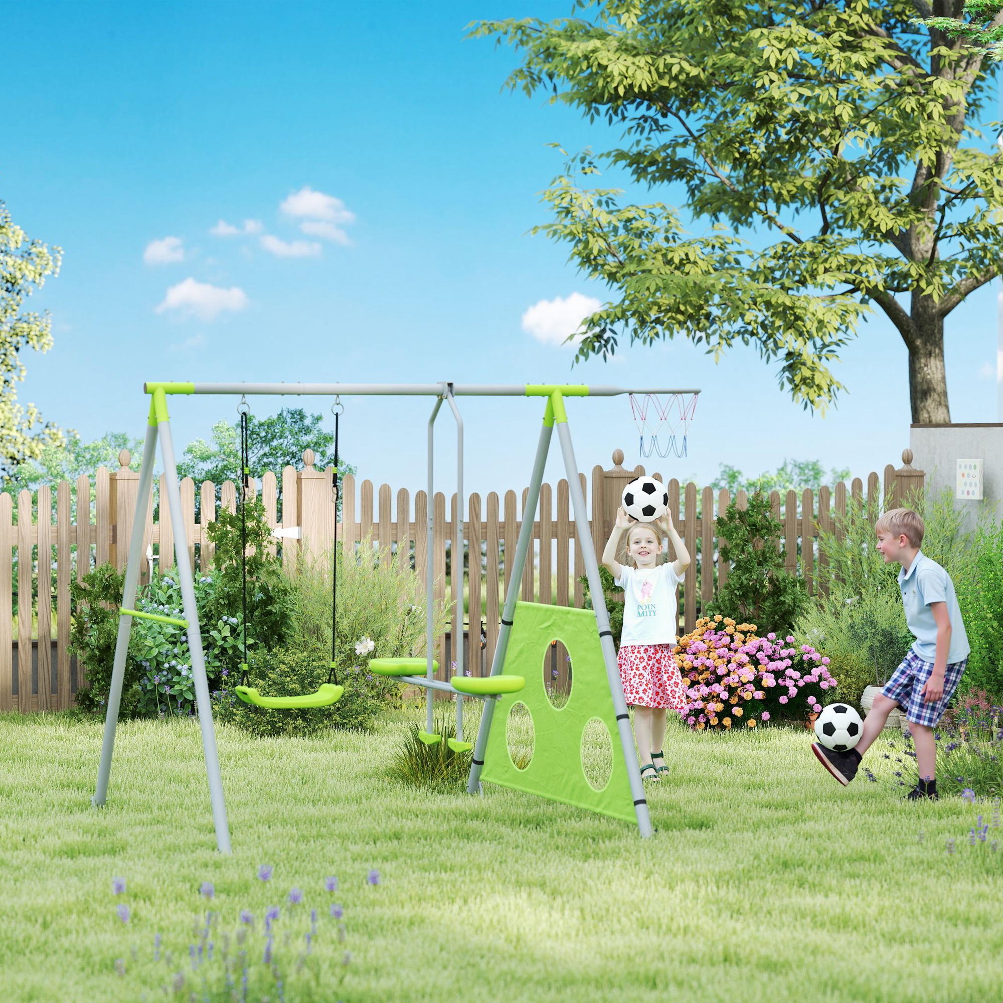 4-in-1 Gartenschaukelset Für Kinder Von 3-8 Jahren Mit 2 Schaukeln, Basketballkorb Und Fußballtor, Doppelschaukel Für Kinder, Metall-a-gestell Für Den Außenbereich, Tragkraft 135 Kg