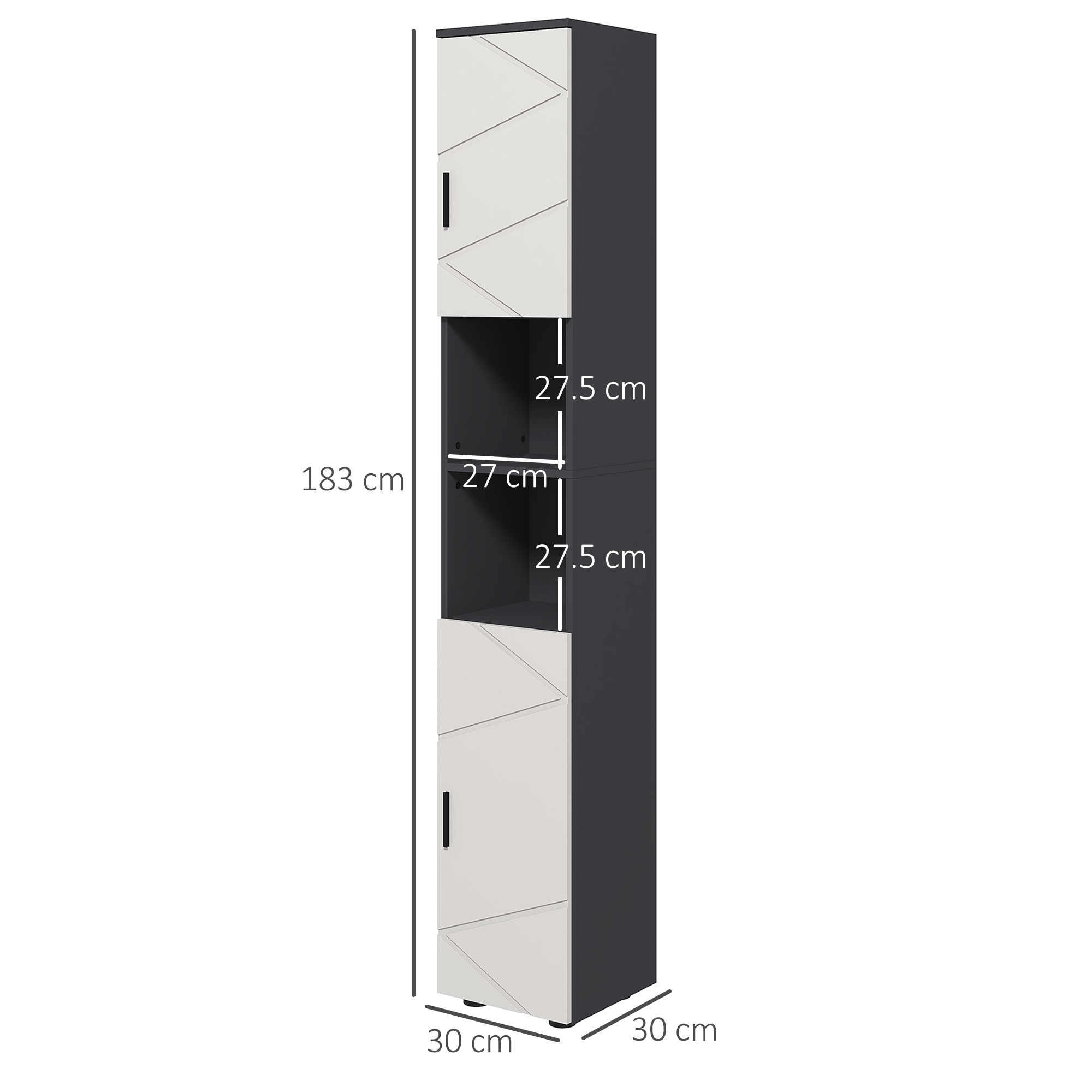 Badezimmerschrank Aus Spanplatten Mit 2 Offenen Regalböden Und 2 Verstellbaren 2-stufigen Schränken, 30 X 30 X 183 Cm, Hellgrau Und Dunkelgrau