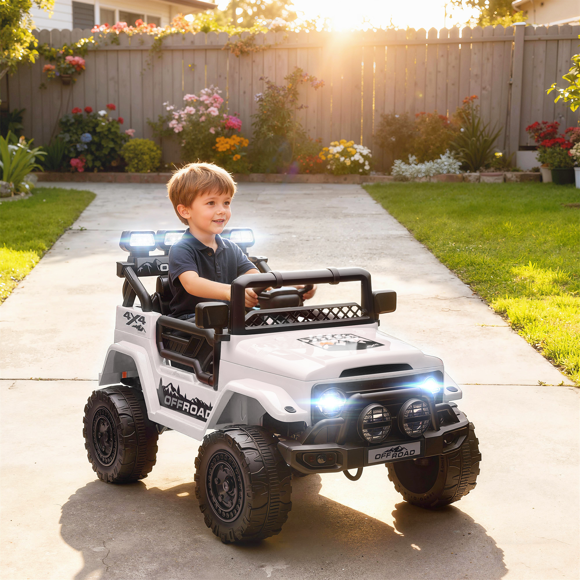Elektroauto Für Kinder Von 3–5 Jahren, 12-v-geländewagen Mit 2 Motoren, Federung, Fernbedienung, Usb-anschluss, Musikwiedergabe, Kabelloser Verbindung, Sicherheitsgurt, Scheinwerfern Und Hupe, 3–5 Km/