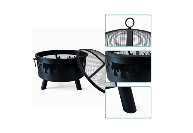 Relaxdays Feuerschale, Ø Schale 64 Cm, Funkenschutz, Schürhaken, Stahl, Flammen-design, Feuerstelle Garten, Schwarz
