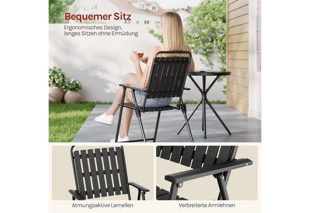 Woltu 3-teilig Gartenmöbel Set Balkonmöbel Bistrotisch Und 2 Klappbare Stühle, Bistrosets Für Balkon Terrasse Garten, Schwarz