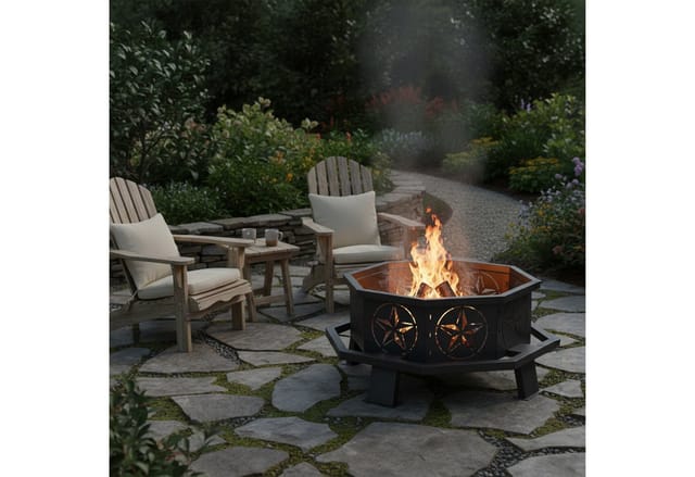 Relaxdays Feuerschale, Hxd: 36 X 82 Cm, Mit Schürhaken, Stahl, Achteckig, Sternenmuster, Feuerstelle Garten, Schwarz