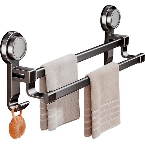 Suction Cup Rack - Bathroom Towel Bar For Apartment Aluminum Alloy With Abs Material, No Drill Mount, Two Hooks Design, Shower Glass Support, Tile Wall Door