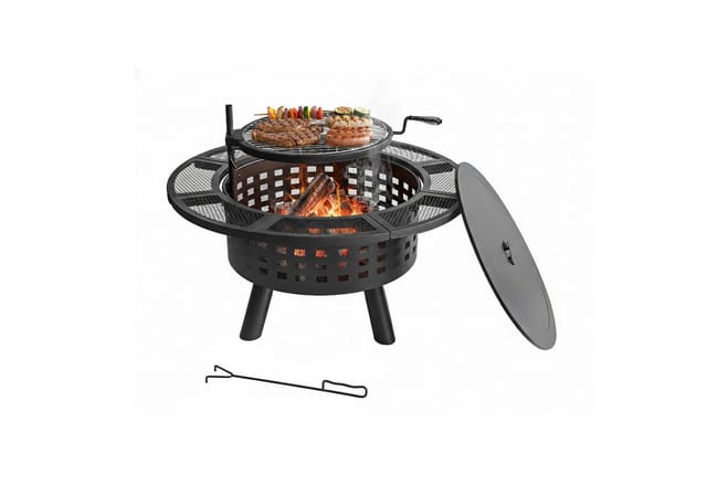 Relaxdays Feuerschale, Ø 91,5 Cm, Verstellbarer Grillrost, Deckel & Schürhaken, Feuerstelle Garten, Feuerkorb, Schwarz