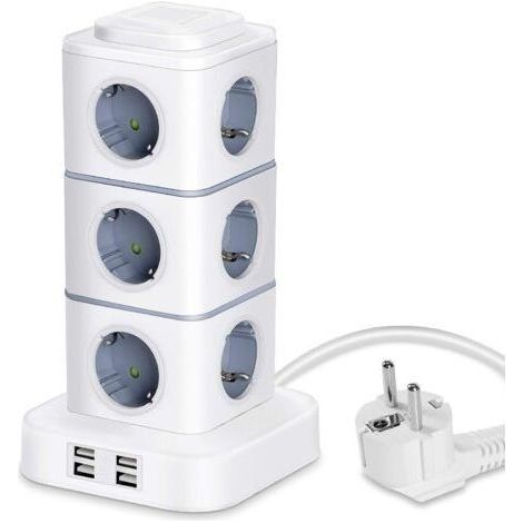 Tour Multiprise, 12 Prises Multiprise Electrique (2500w / 10a) Avec 4 Ports Usb, Multi Prises Électriques Parafoudre Multiprise Verticale Pour Maison Bureau, Rallonge 3m
