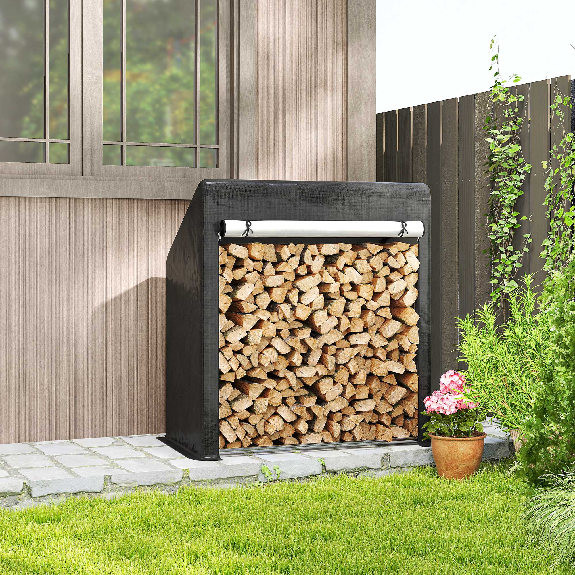 Verstärkter Stahl-brennholzschuppen Für Den Außenbereich, Holzständer Mit Wasserdichter Abdeckung Und Griff, Platzsparendes Holzregal, 100 X 60 X 110 Cm, Schwarz Und Silber