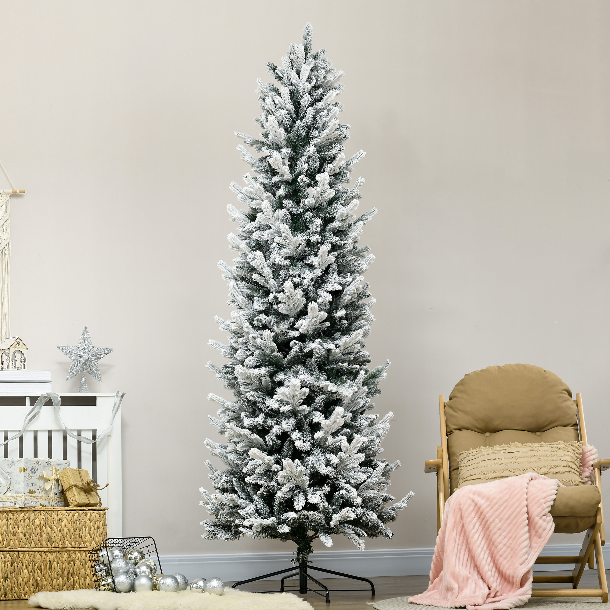 225 Cm Schlanker, Schneebedeckter Weihnachtsbaum Mit 988 Zweigen Und Stahlfuß, Hoher Und Schmaler Weihnachtsbaum Für Den Innenbereich Mit Automatischer Öffnung