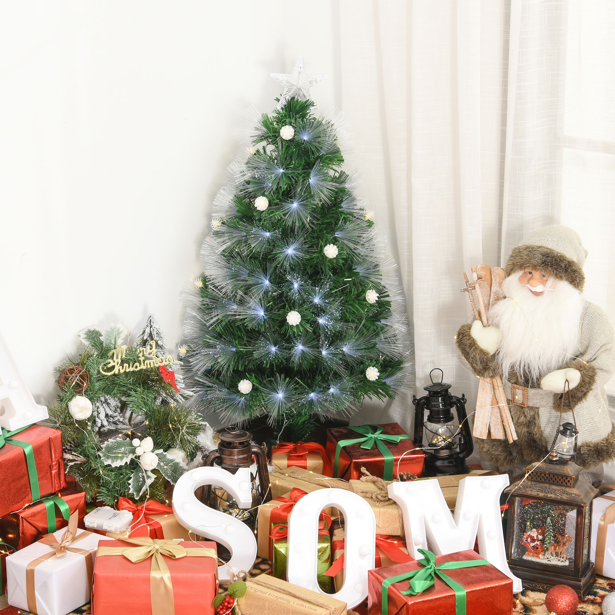 Künstlicher 90 Cm Hoher Weihnachtsbaum Mit Integrierter Beleuchtung Und 90 Zweigen, Led- Und Glasfaserbeleuchtung, Abnehmbarer Klappfuß