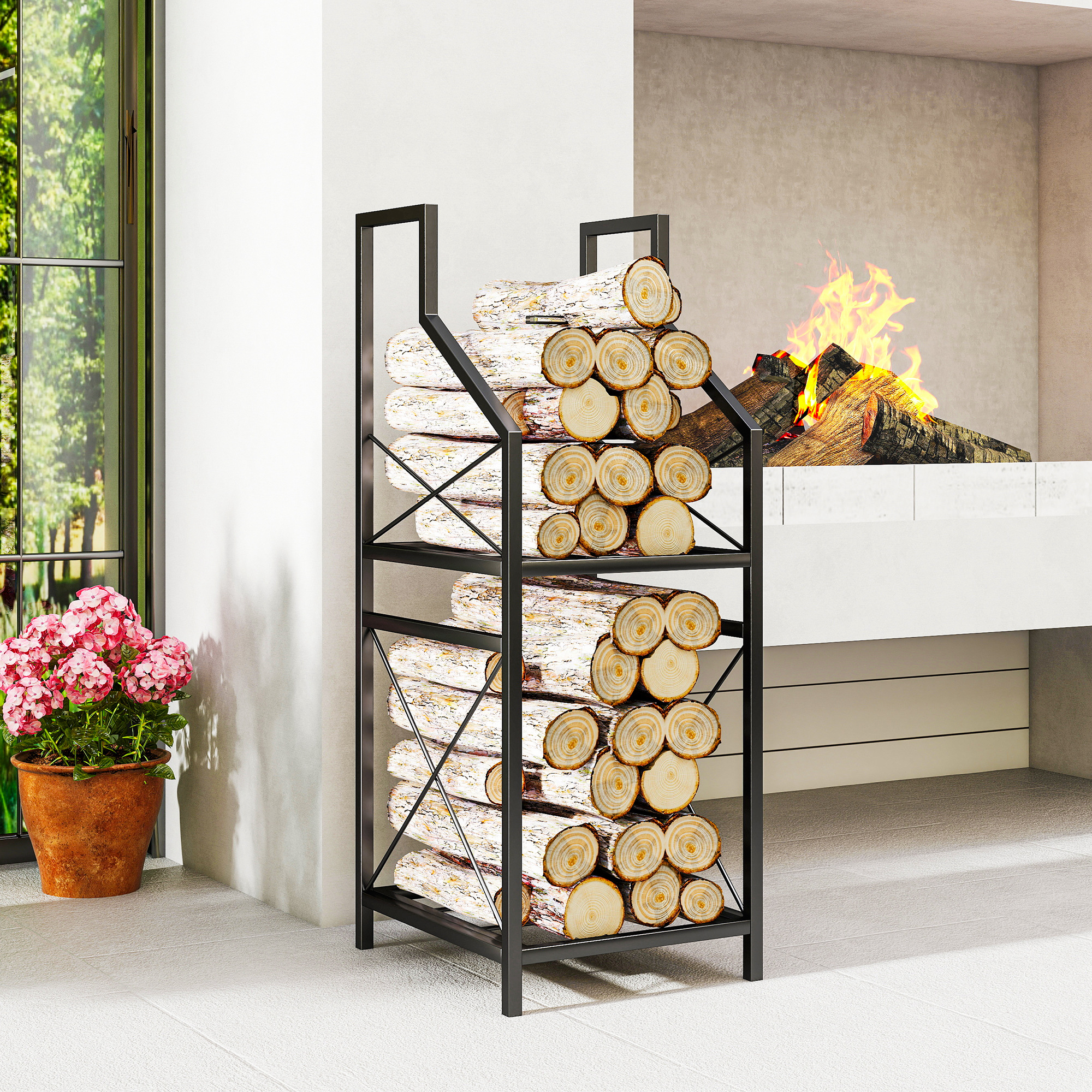 Erhöhtes Brennholzregal Für Den Innenbereich Mit 2 Ebenen, Brennholzschuppen Aus Metall Für Drinnen Und Draußen, Tragkraft 60 Kg, 34 X 30 X 80 Cm, Schwarz