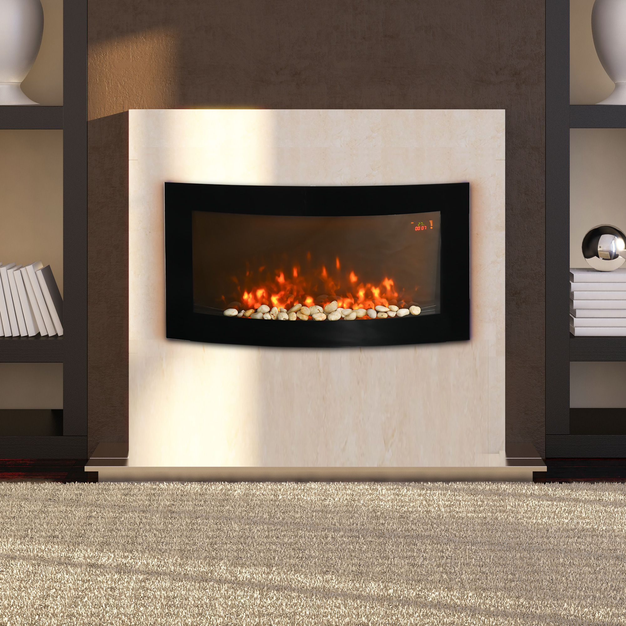 Elektrischer Wandkamin (1000/2000 W) Mit 7-farbiger Led-beleuchtung, Einstellbarer Helligkeit, Temperaturregelung (15–30 °c), Fernbedienung, Thermostat Und Timer, Schwarz