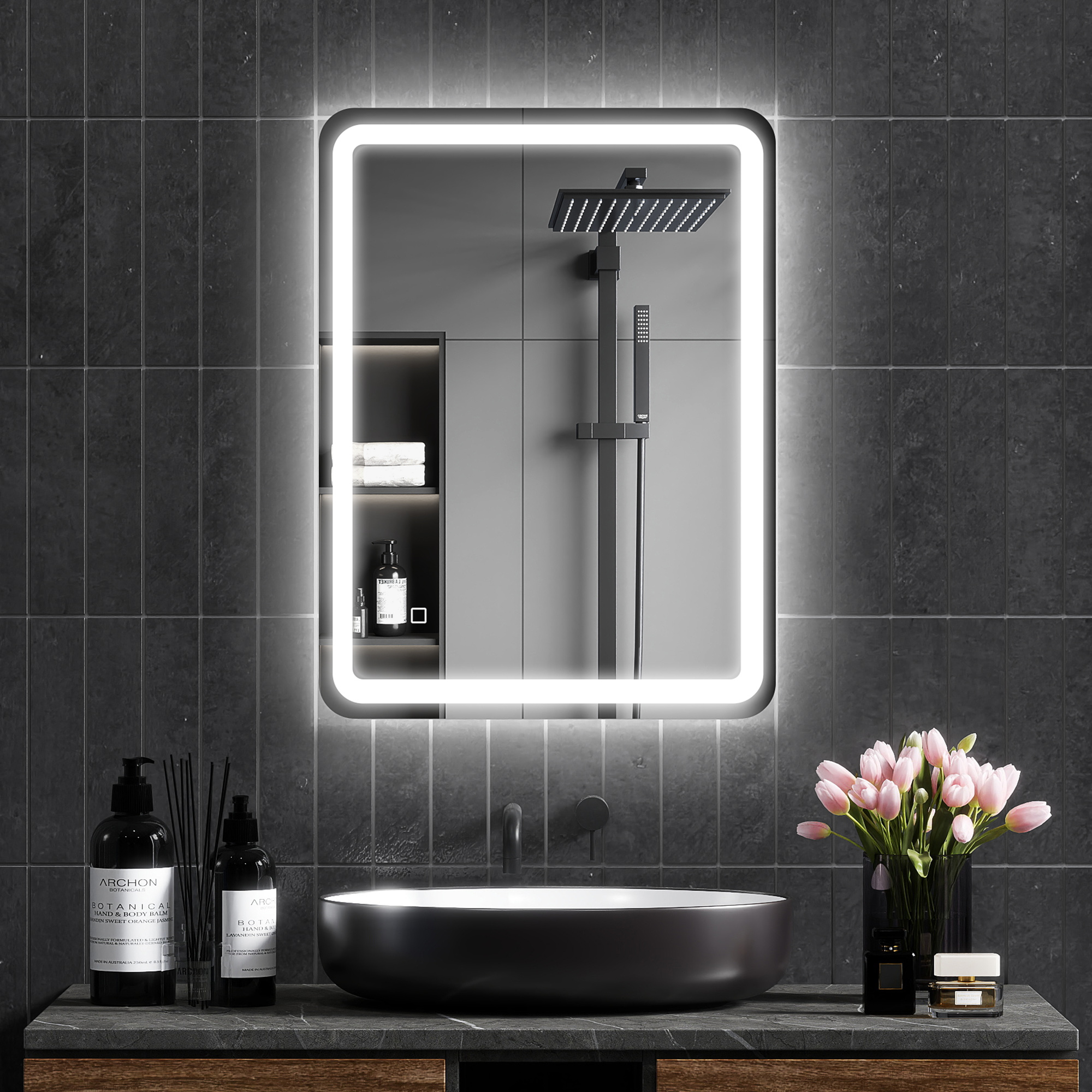 Badezimmerspiegel Mit Led-beleuchtung, 60 X 80 Cm, Wandspiegel Mit 3 Dimmbaren Farben, Memory-funktion, Antibeschlagbeschichtung, Touch-schalter, Gehärtetes Glas, Schutzart Ip44, Horizontal/vertikal