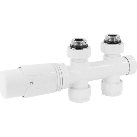 White Multi-block Valve Tap Connection Kit With Thermostatic Head For Bathroom Radiator With Central Connection, Thermostat Connection Trim