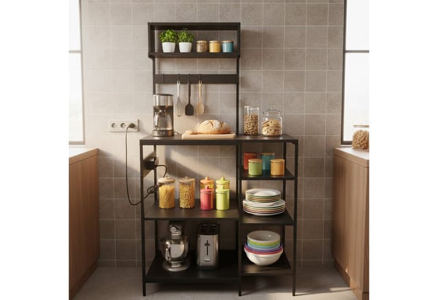 Relaxdays Küchenregal Mit Steckdose & Usb, Hbt: 151x82x40 Cm, Mikrowellen-regal, Standregal, Holzoptik, Metall, Schwarz