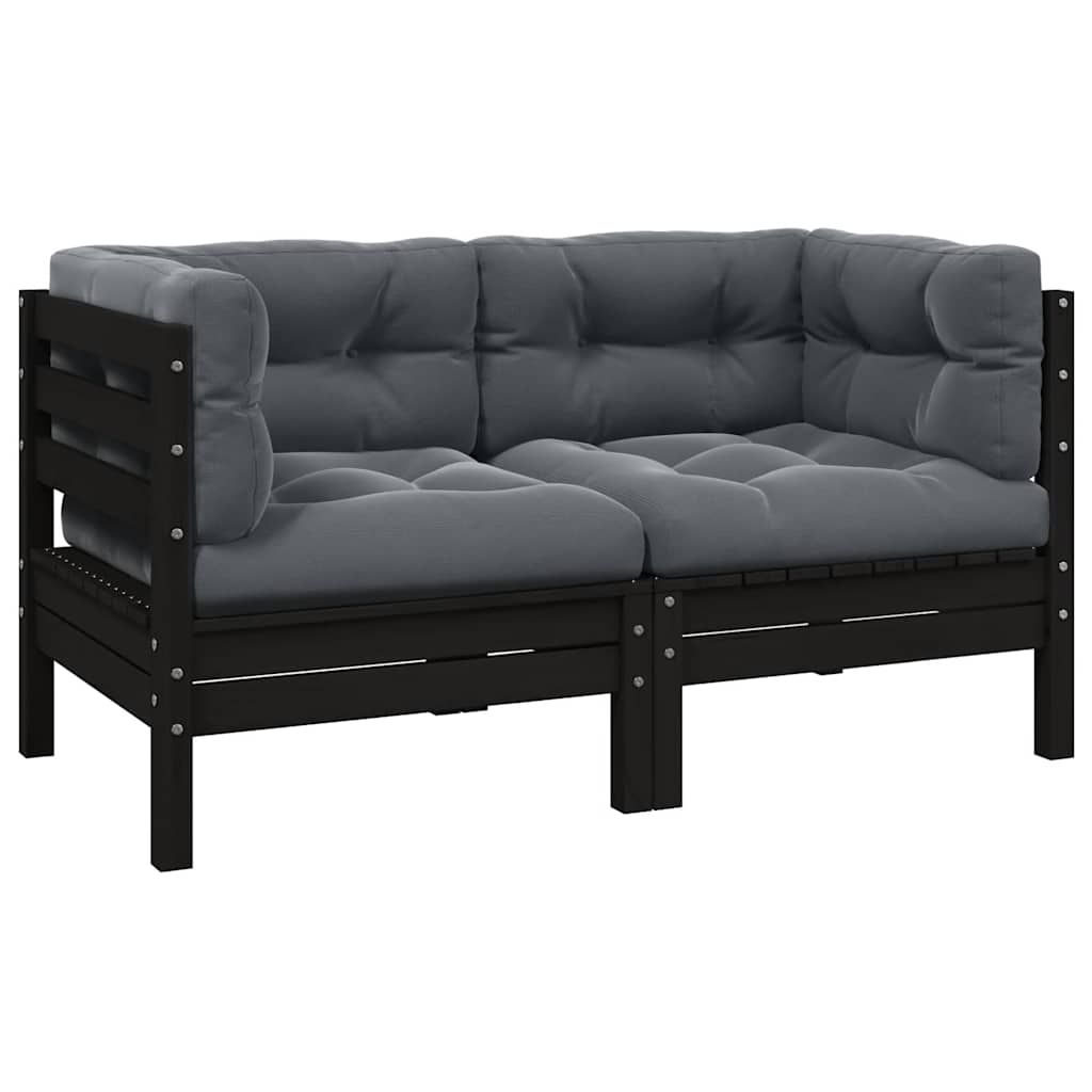2-sitzer-gartensofa Mit Kissen Schwarz Massivholz Kiefer