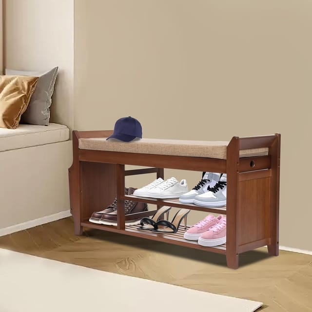 Braun Bambus Schuhbank, Schuhbank Mit Gepolsterter Sitzfläche, Für Innenhöfe Wohnzimmer Schlafzimmer Veranden 98.5 29.5 49.5cm