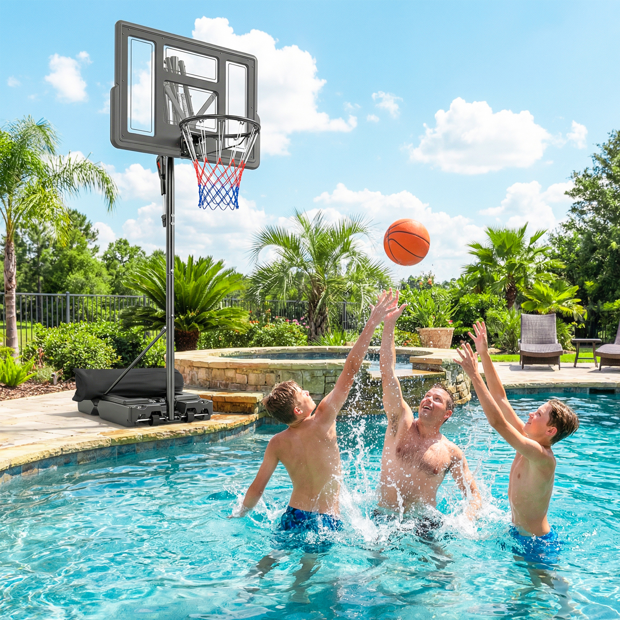 Outdoor-basketballkorb Mit Befüllbarem Sockel Und Rollen, Aus Stahl, Pe Und Pc, 120 X 120 X 370 Cm