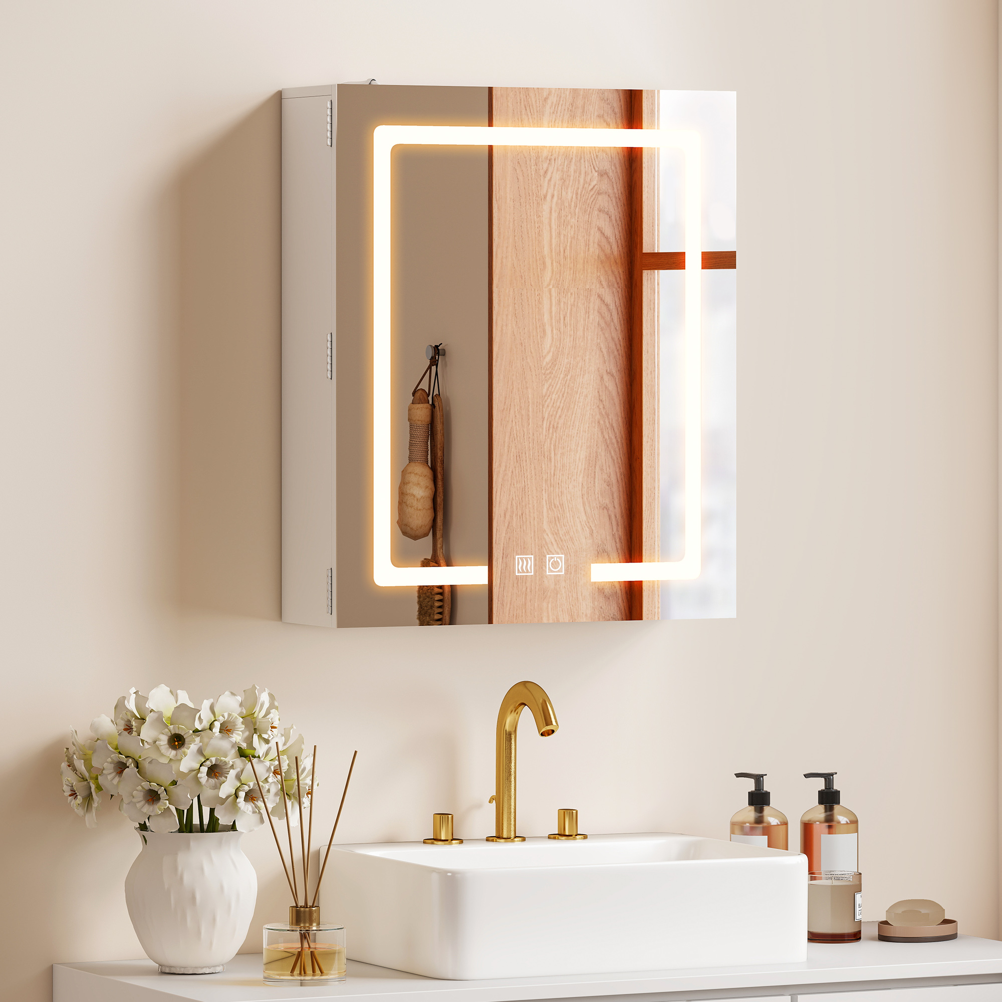 Badezimmerschrank Mit Spiegel, Verstellbarer Led-beleuchtung Und Antibeschlagsystem, 50 X 15 X 60 Cm, Weiß