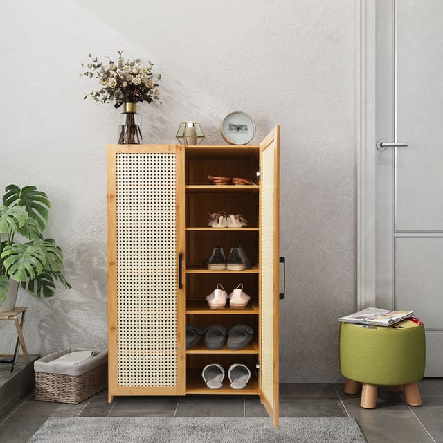 Schuhschrank 59 X 33 X 100 Cm, 6 Fächer, Freistehender Schuhschrank Mit Schuhregal Aus Bambus, Aufbewahrung Für Hausschuhe, Aufbewahrungsregal