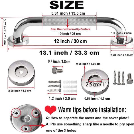 Pack 12 Inch Anti Slip Shower Grab Bar Handle, Zuext Chrome Stainless Steel Bathroom Grab Bar, Knurled Bathroom Balance Bar,safety Hand Rail Support,handicap Elderly Injury Senior Assist Bath Handle,1