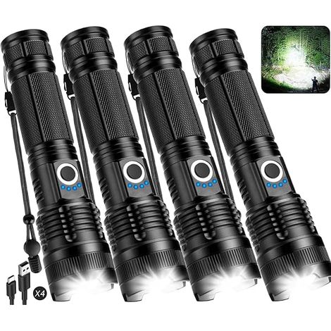 Flashlight Rechargeable Led - 4 Pack 90000 Lm Adjustable Focus Waterproof Handheld Torch Ipx7 For Camping Home Outdoor Use