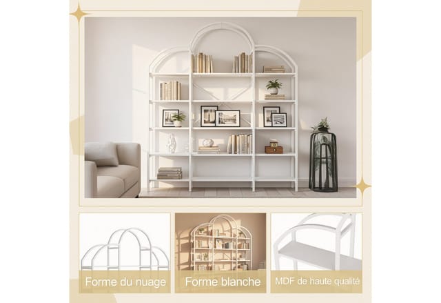 Bücherregal Mit 5 Ebenen Wolkenform Dekor Und Schlankem Design Für Wohnzimmer Und Büro 170×26×190 Cm Weiß Mdf Metall