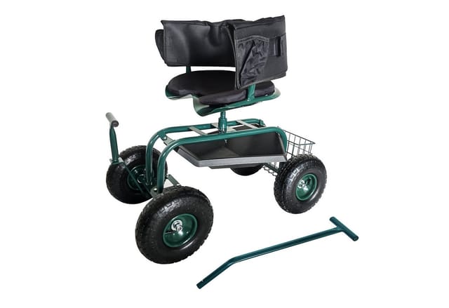 Relaxdays Fahrbarer Gartensitz, Höhenverstellbar, 150 Kg, Stauraum, Lenkstangen, Sitzkissen, Lehne, Gartenwagen, Grün
