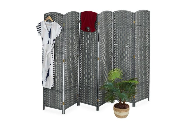 Relaxdays Paravent Raumteiler, Hxb: 170 X 240 Cm, Faltbarer Raumtrenner, 6-teiliger Sichtschutz, Holz & Papierseil, Grau