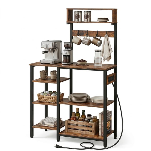 Relaxdays Küchenregal Mit Steckdose & Usb, Hbt: 151x82x40 Cm, Mikrowellen-regal, Holzoptik, Offen, Metall, Braun/schwarz