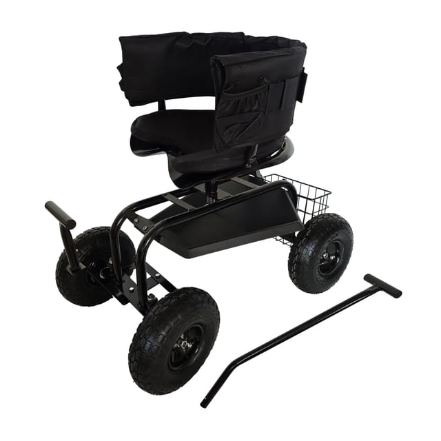 Relaxdays Fahrbarer Gartensitz, Höhenverstellbar, 150 Kg, Stauraum, Lenkstangen, Sitzkissen, Lehne, Gartenwagen, Schwarz
