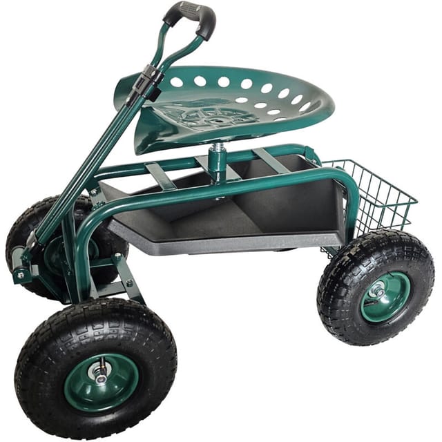 Relaxdays Fahrbarer Gartensitz, Höhenverstellbar, 150 Kg, Stauraum, Lenkstange, Stahl, Luftreifen, Gartenwagen, Grün