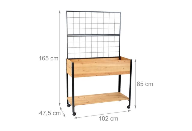 Relaxdays Hochbeet Mit Rankgitter, Ablagefach, Rollen, Hxbxt 165x102x47,5 Cm, Holz, Stahl, Tischbeet, Natur/schwarz