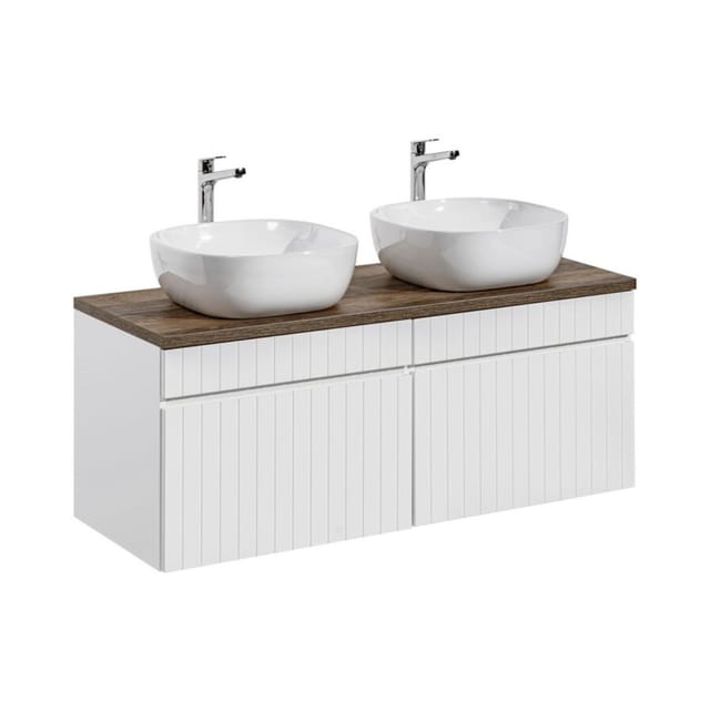 Icon Set Weiß: 160cm Unterschrankmöbel + Ablagefläche Für Waschbecken + Zwei Aufgesetzte Weiße Waschbecken