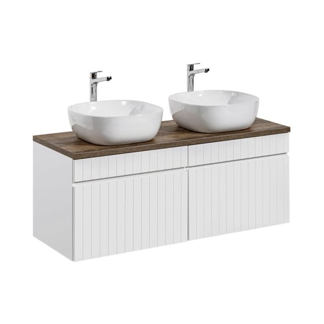 Icon-set Weiß: Unterschränke 120cm + Abdeckplatte In Dunkler Holzoptik + Zwei Weiße Aufsatzwaschbecken