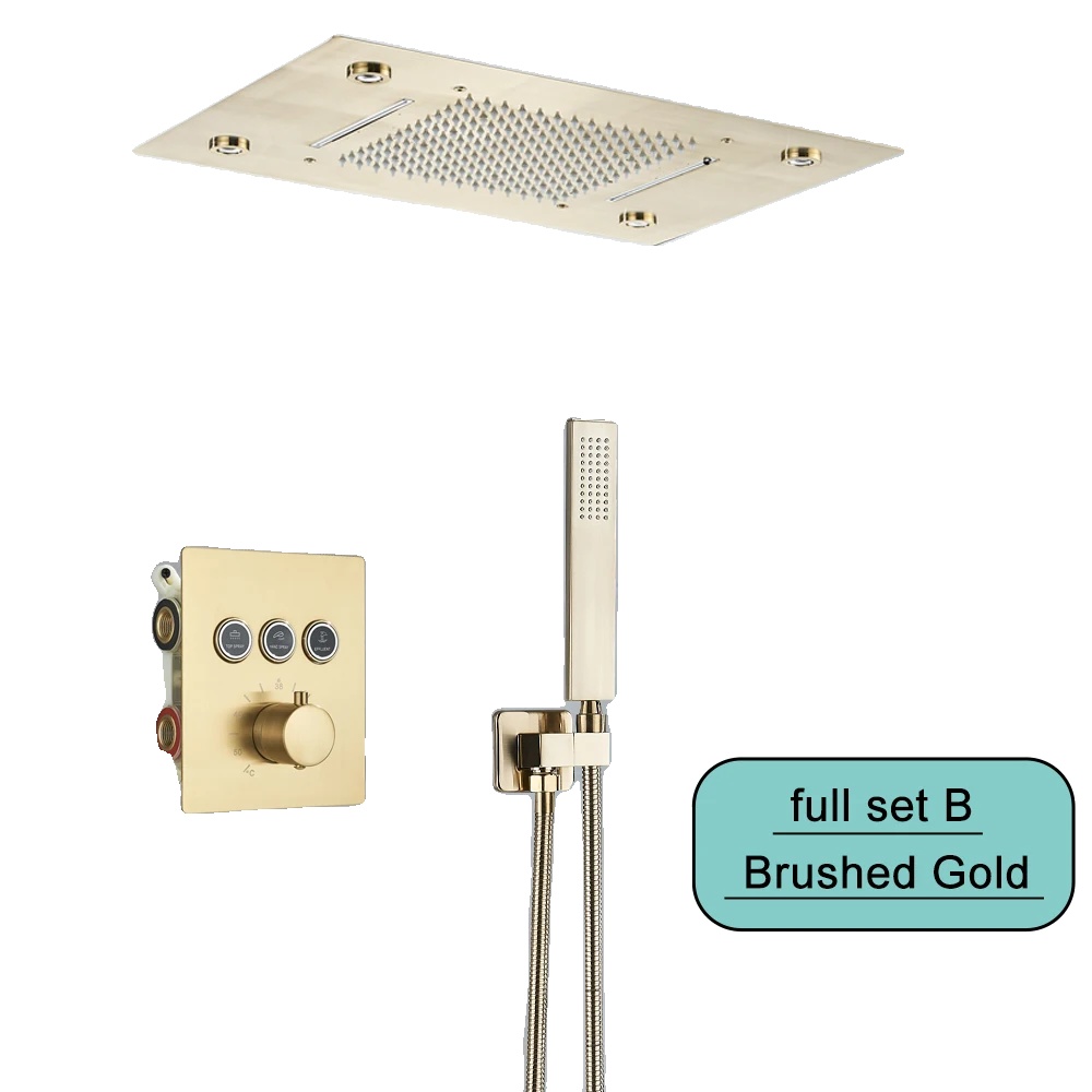 Duscharmatur-set, Deckenmontiertes Led-regen- Und Wasserfallsystem, Ferngesteuerter Smart-mischer, Set B In Gebürstetem Gold