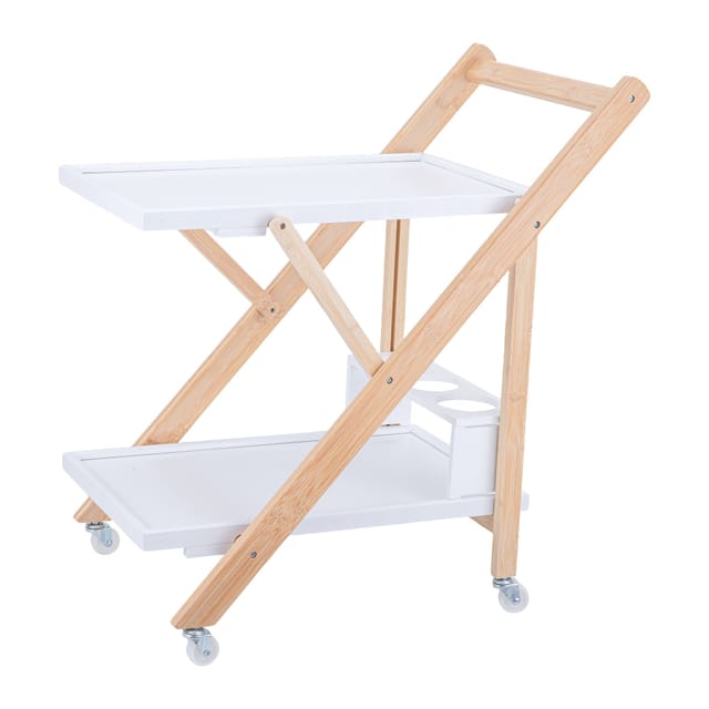 Relaxdays Servierwagen Bambus, Küchenwagen Klappbar, Flaschenhalter, Rollwagen 2 Etagen, Hbt: 70x44x39,5 Cm, Weiß-natur