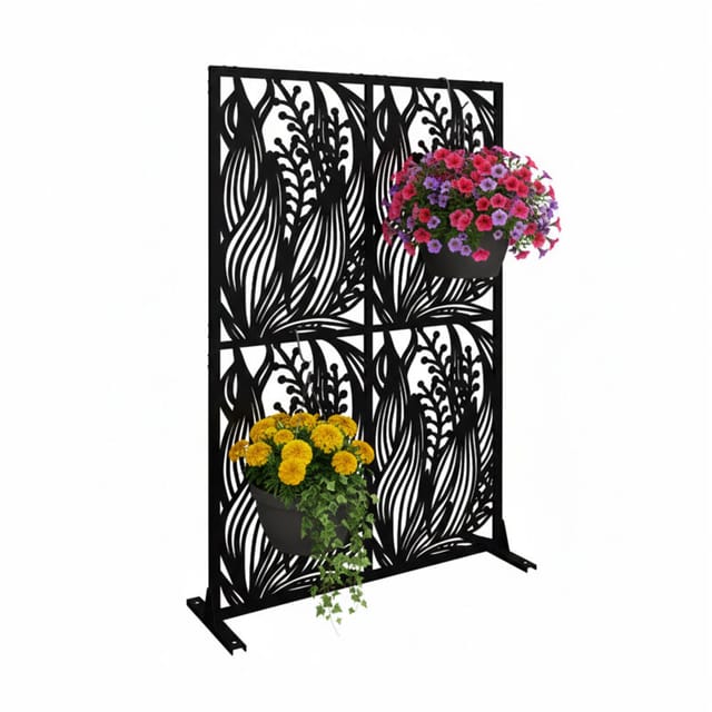 Relaxdays Sichtschutz, Blätter & Gräser, Garten, Balkon & Terrasse, Outdoor Paravant, Hxb: 183 X 115 Cm, Metall, Schwarz