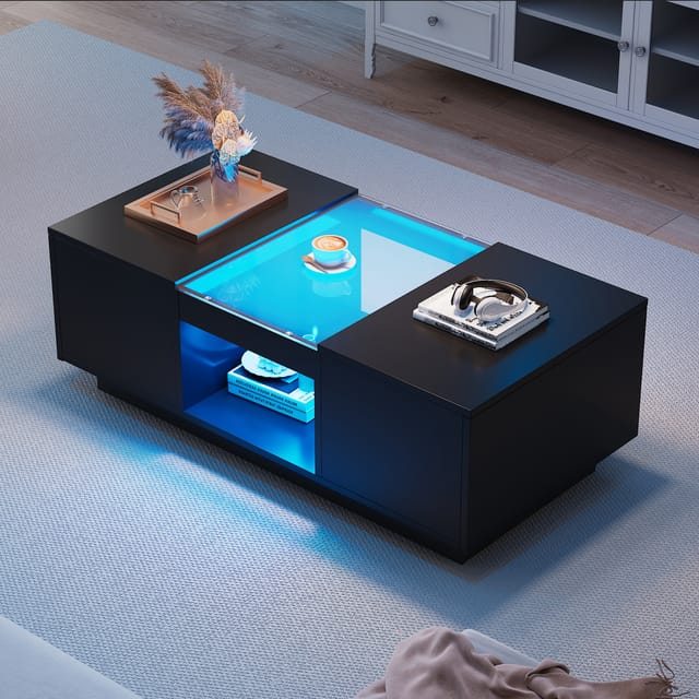 Schwarzer Couchtisch 100x50x35,5 Cm – Mit Glasverkleidung, Led-beleuchtung, App-steuerung, 2 Schubladen Und 1 Offenes Fach