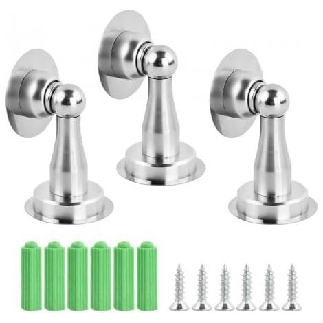3 X Magnetic Door Stoppers,stainless Steel Floor Door Block,no Drilling,with Adhesive Tape And Screws,for Floor Or Wall Installation,ideal For Home And Office (silver)