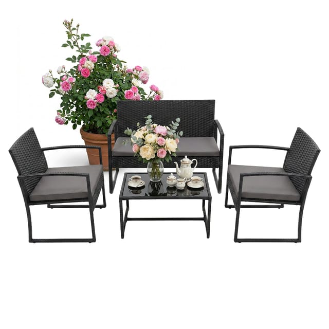 Relaxdays Gartenmöbel Set, 4-tlg. Rattan Sitzgruppe, 4 Personen, Bank, Stühle & Glastisch, Loungemöbel, Outdoor, Schwarz