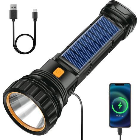 Solar-powered Flashlight - Solar-powered Led Flashlight - Usb Rechargeable Solar Flashlight - Emergency Light - 1200mah Led Flashlight With 3 Modes - Waterproof Led Flashlight, Ideal For Fishing, Emer