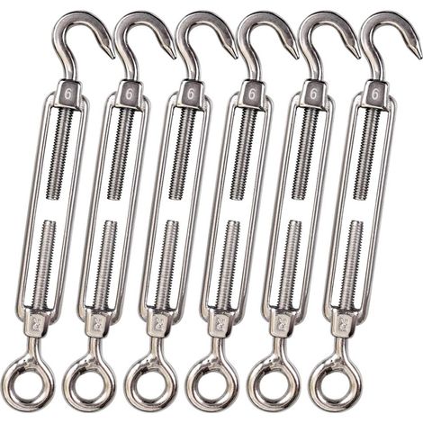 M6 Hook & Eye/c To O Turnbuckle 304 Stainless Steel, Hardware Kit For Wire Rope Tension Heavy Duty, For Sun Shade, Tent Installation, Anti-rust, 6 Packs