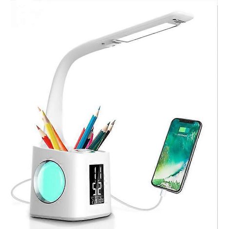 Led Desk Lamp With Clock, Color Changing Nightlight, Study Lamp Pen Holder, Desk Light Usb Charger, Table Light For Home,