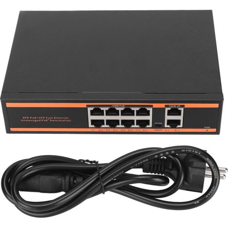 10 Ports Poe Commutateur 8 Ports Poe 100m 2 Ports Rj45 100m Plug And Play Sans Ventilateur Switch Poe 100m Pour Routeur Prise Ue 100‑240v