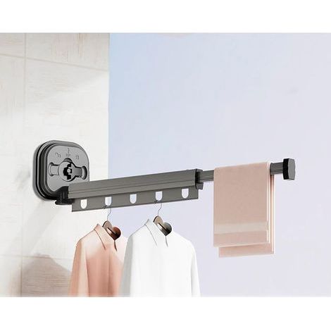 Étendoir À Linge Mural Rétractable, Sans Perforation Ventouse Pliable Séchoir À Linge Pour Balcon, Buanderie, Salle De Bain, Terrasse (2 Plies, Gris)